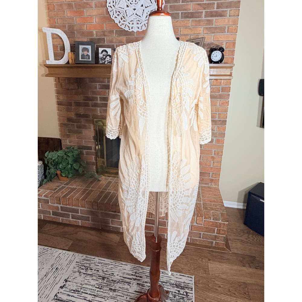 Rebellion Again Kimono Women Peach White Lace Embroidered Mesh Longline M